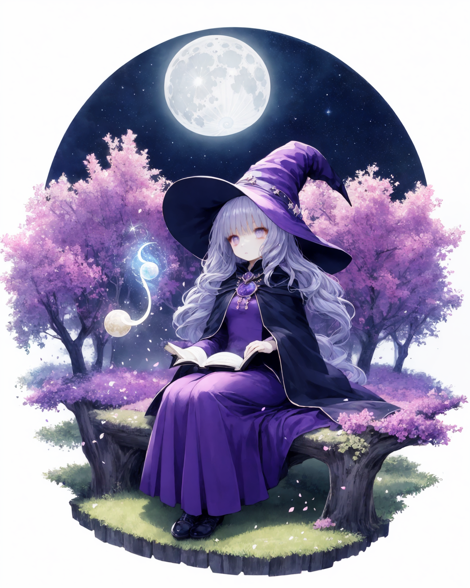 (white background:1.5), 1 girl, mid shot, full body,
solo, watercolor, purple theme, witch, sitting, gentle breeze, detail...